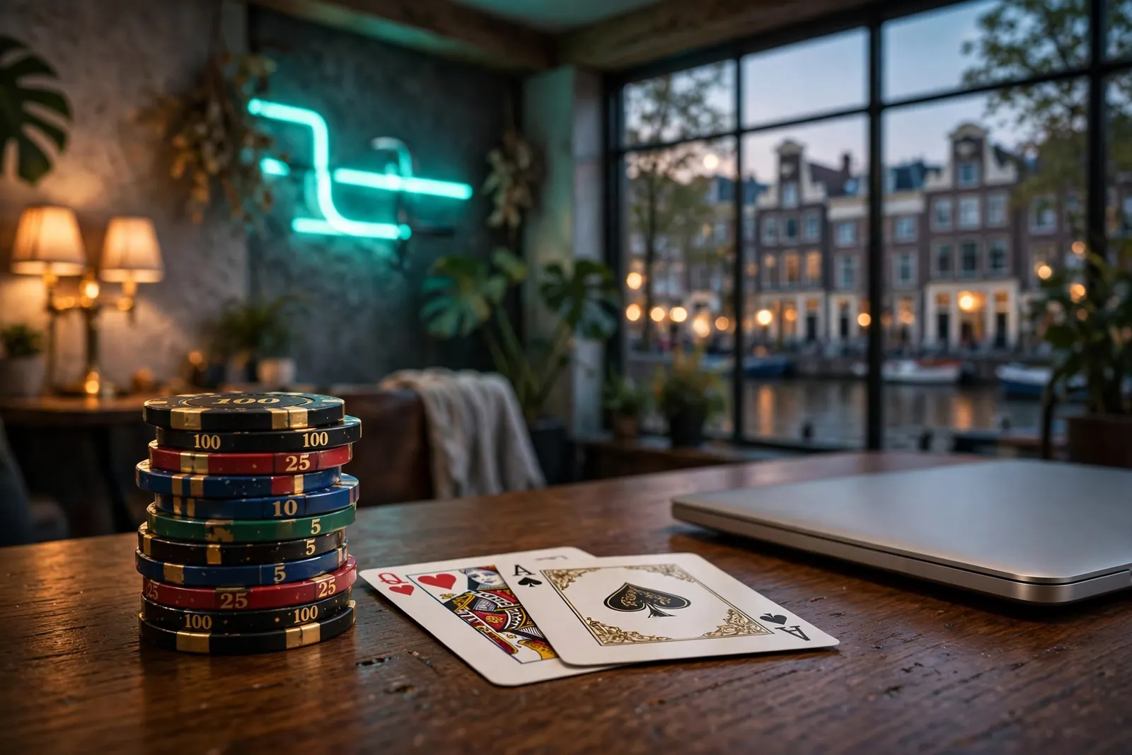 Stapel casinofiches en kaarten op een houten tafel in een sfeervol Amsterdams interieur