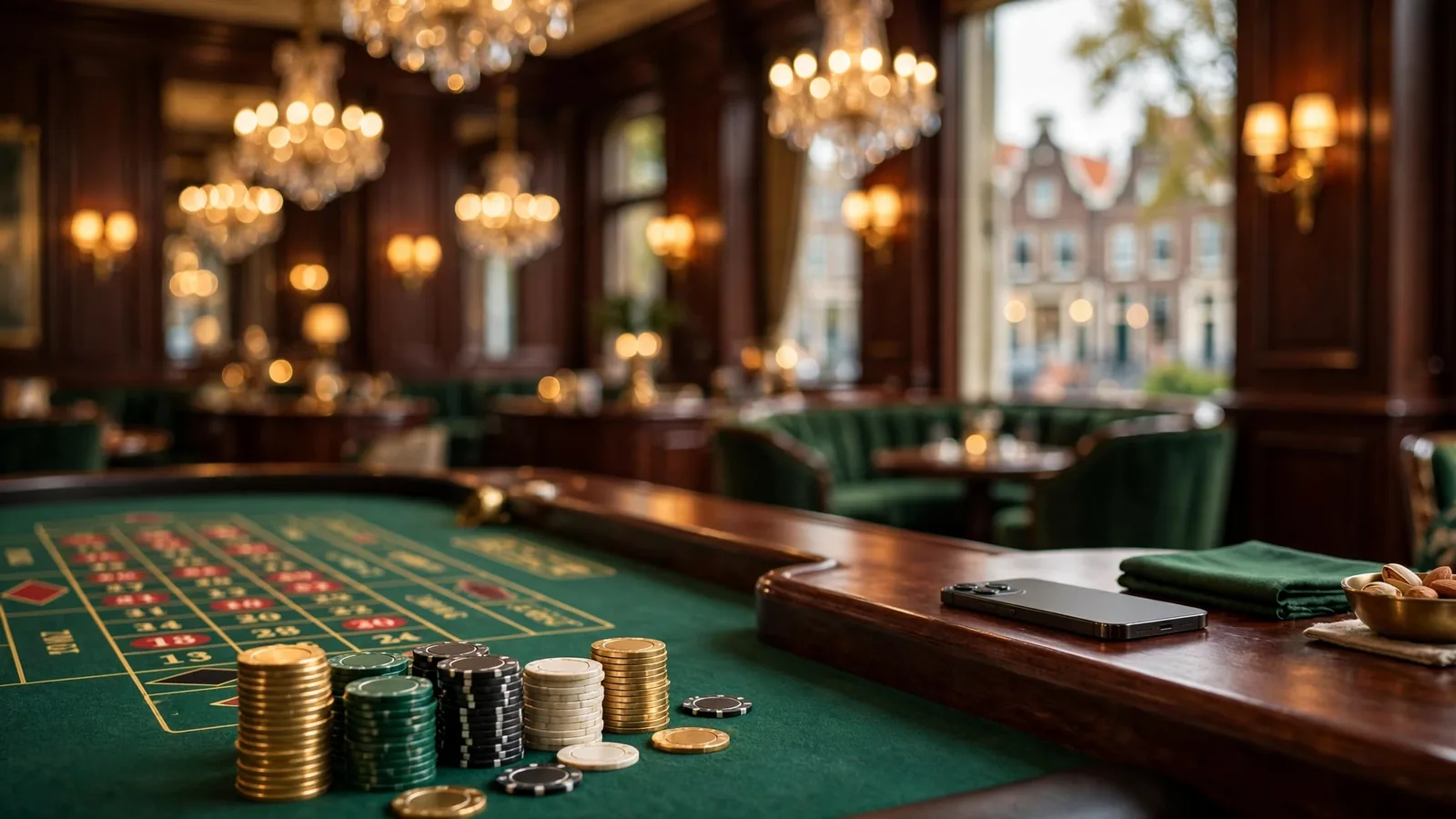 Luxe casino-interieur met groene roulette tafel en chips