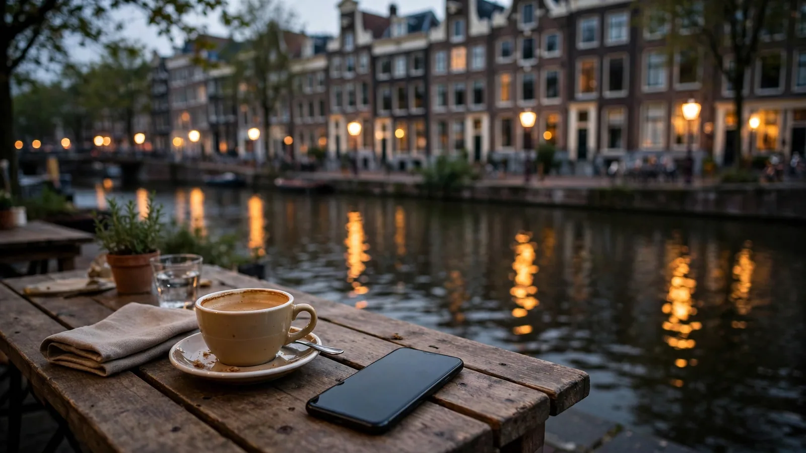 Smartphone met gezicht omlaag op een cafétafel aan een Amsterdamse gracht