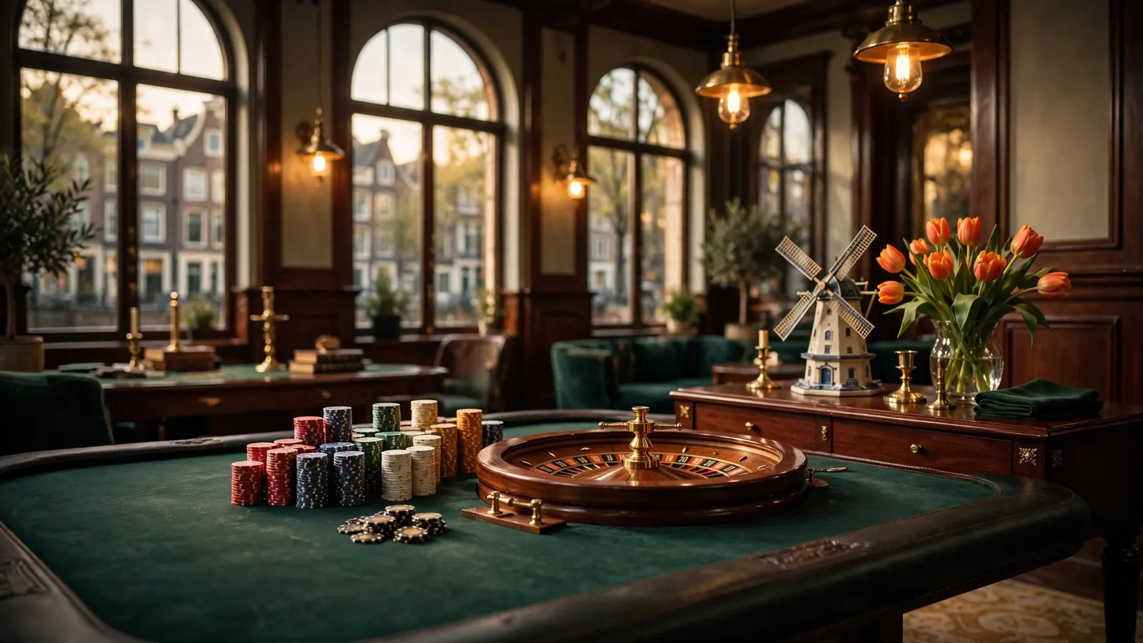 Stijlvolle casino-interieur met roulettewiel, chips en Nederlandse decoratieve accenten