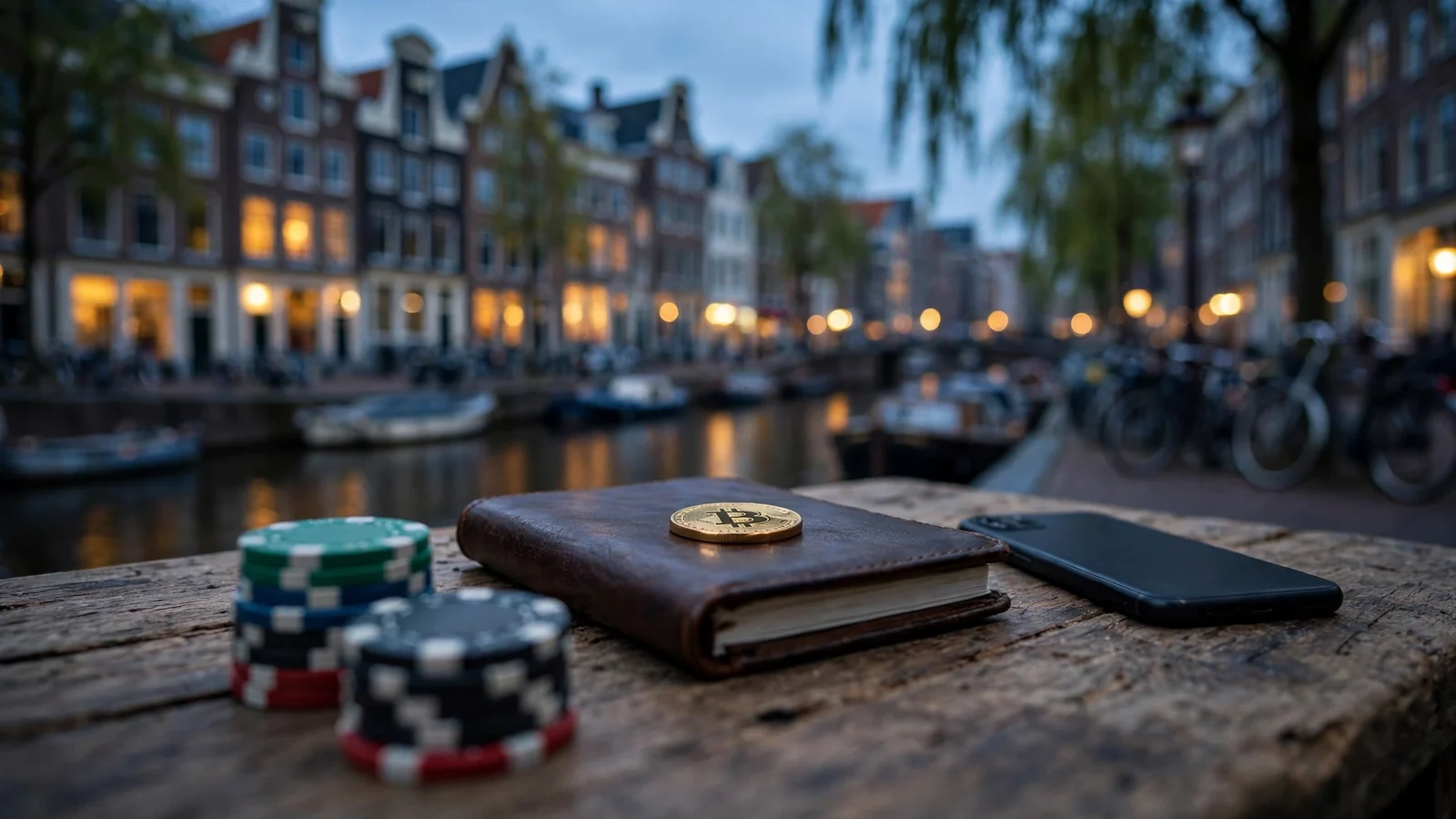 Nederlands nachtelijk tafereel met casino fiches en Bitcoin symbool op een houten tafel
