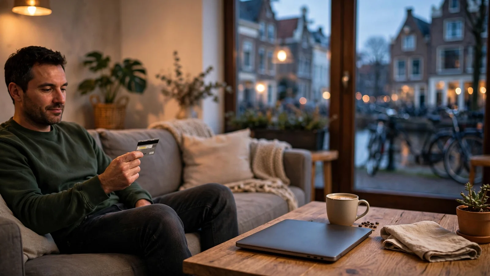 Man met betaalkaart bij gesloten laptop in een modern Nederlands interieur