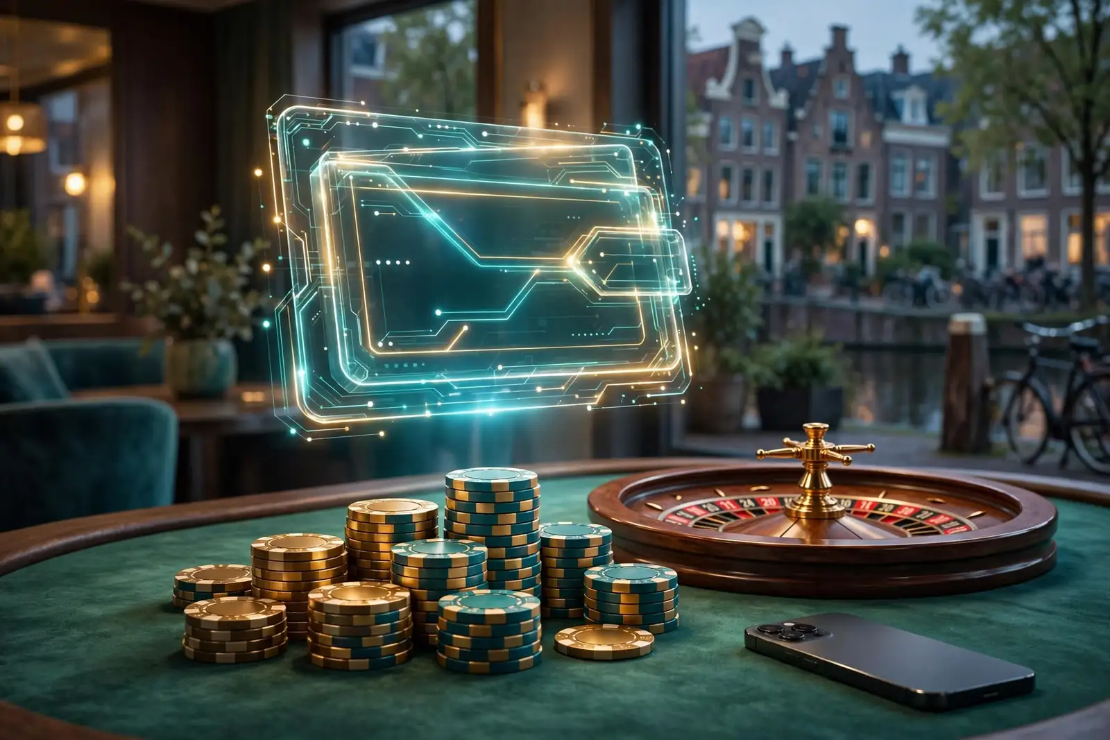 Digitale e-wallet met casinofiches en roulettewiel