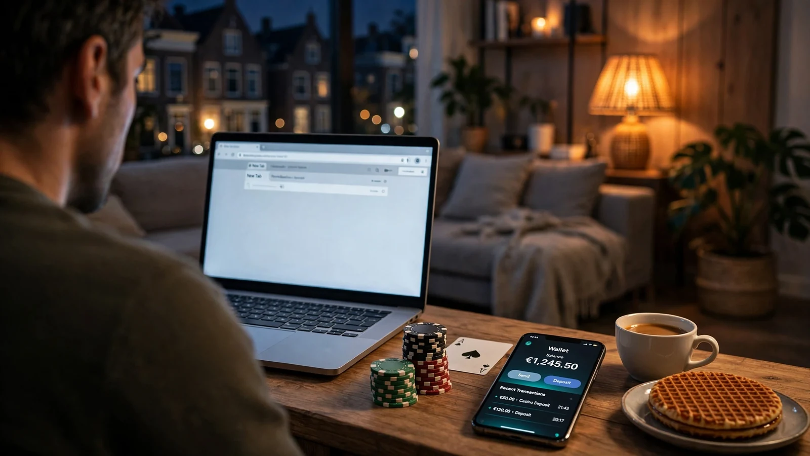 Online casino sfeer met Neteller e-wallet en chips op tafel