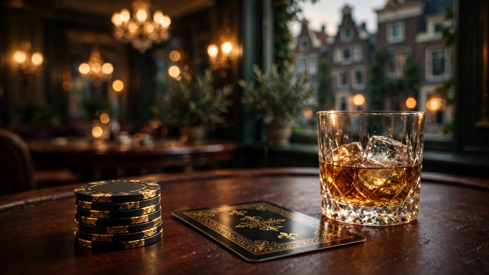 Stapel hoge-inzet casinofiches op een donkere tafel met gedimd licht