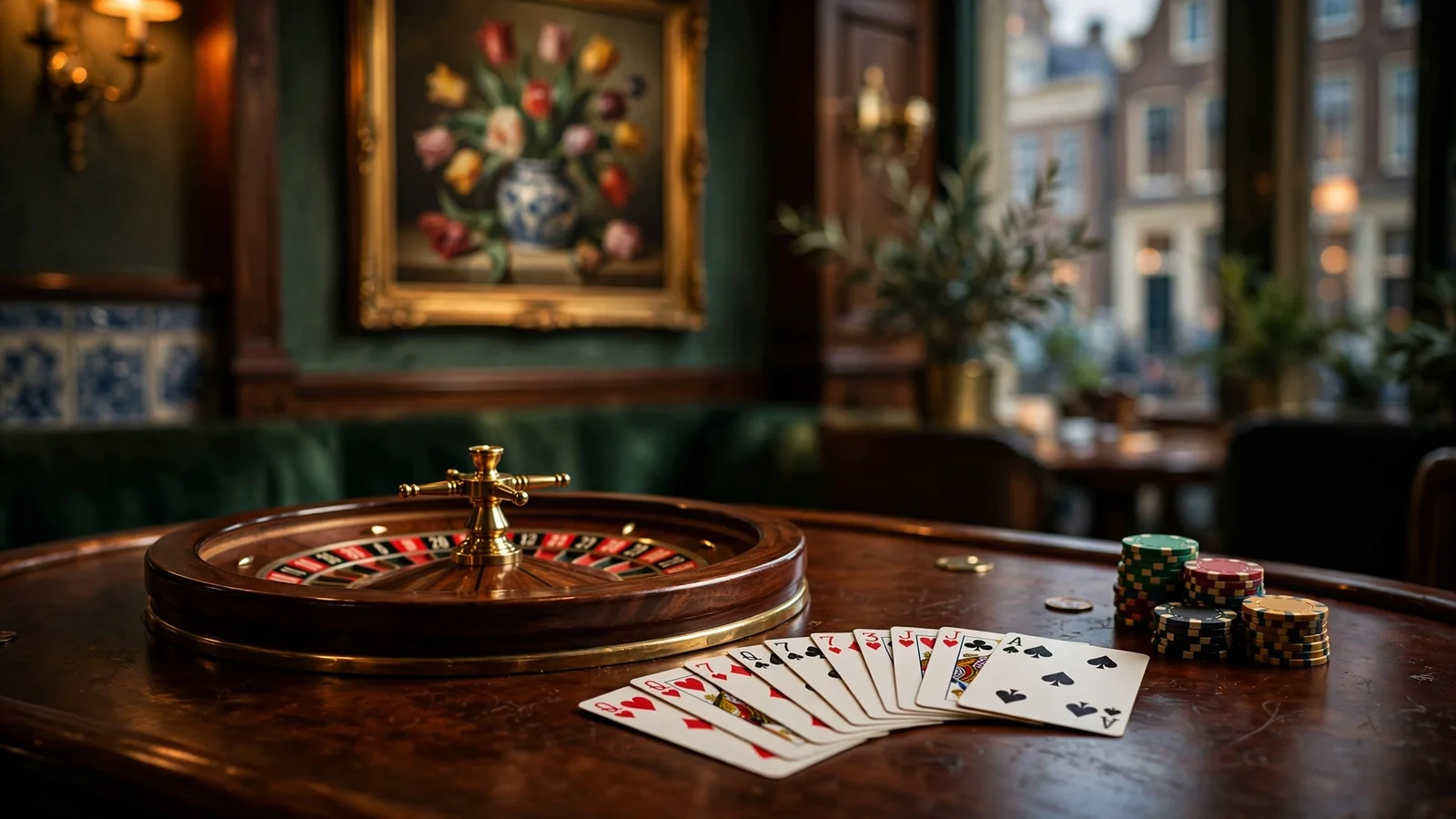 Stilleven met roulettewiel, speelkaarten en fiches op een elegante houten tafel