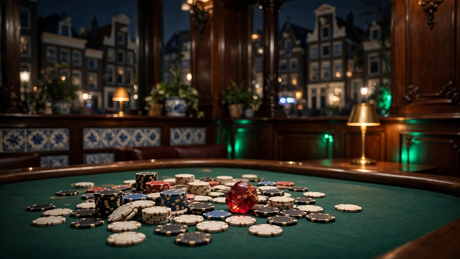 Sfeerimpressie van een casino met fiches en een rode edelsteen op een groene speeltafel.