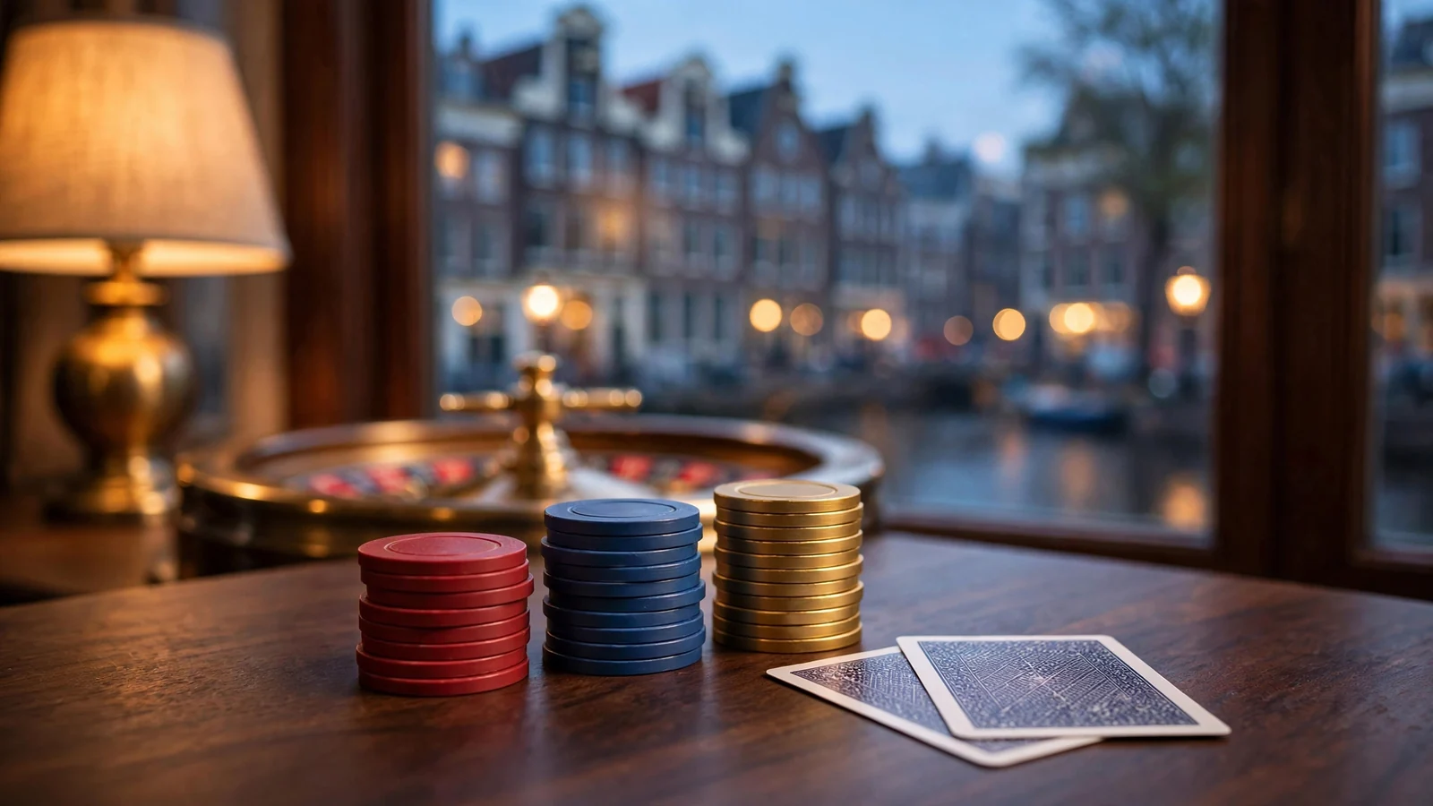 Stapels casinofiches en speelkaarten op tafel met Amsterdamse grachtenpanden op de achtergrond