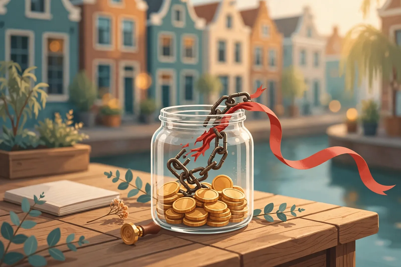 Glazen pot met munten en een gebroken ketting symboliseert casinobonus zonder wagering.